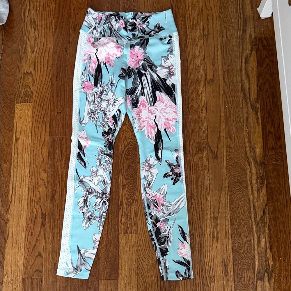 Nike Aqua Floral Leggings with Pink and Black Accents